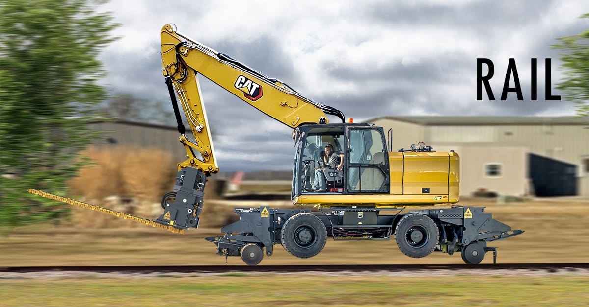 Illustration showing rail capabilities of Cat M320 Hi Rail Excavator Attachment