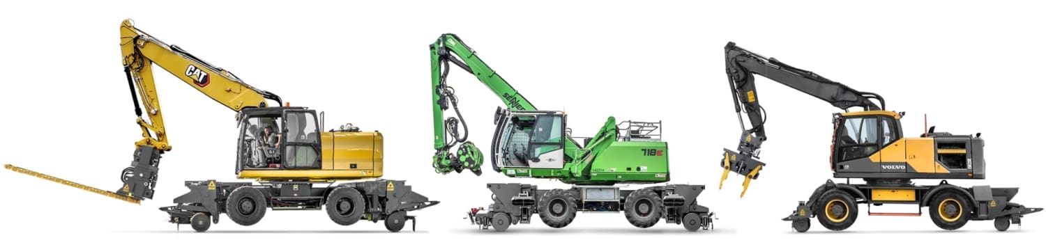 Three wheel excavators in a row with hi rail attachments and railway attachments