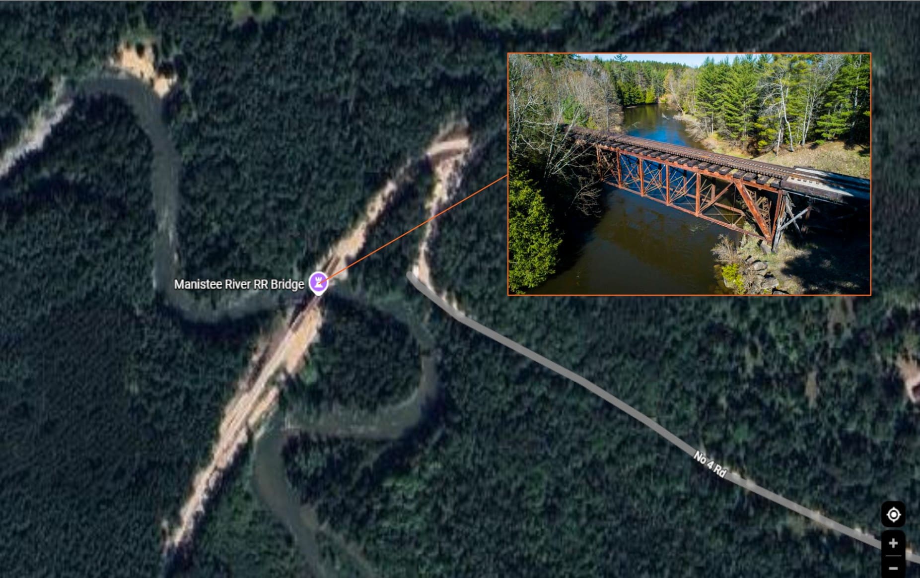 Aerial view of the Manistee River railroad bridge near Manton, Michigan, the site of Kiewit’s bridge replacement.